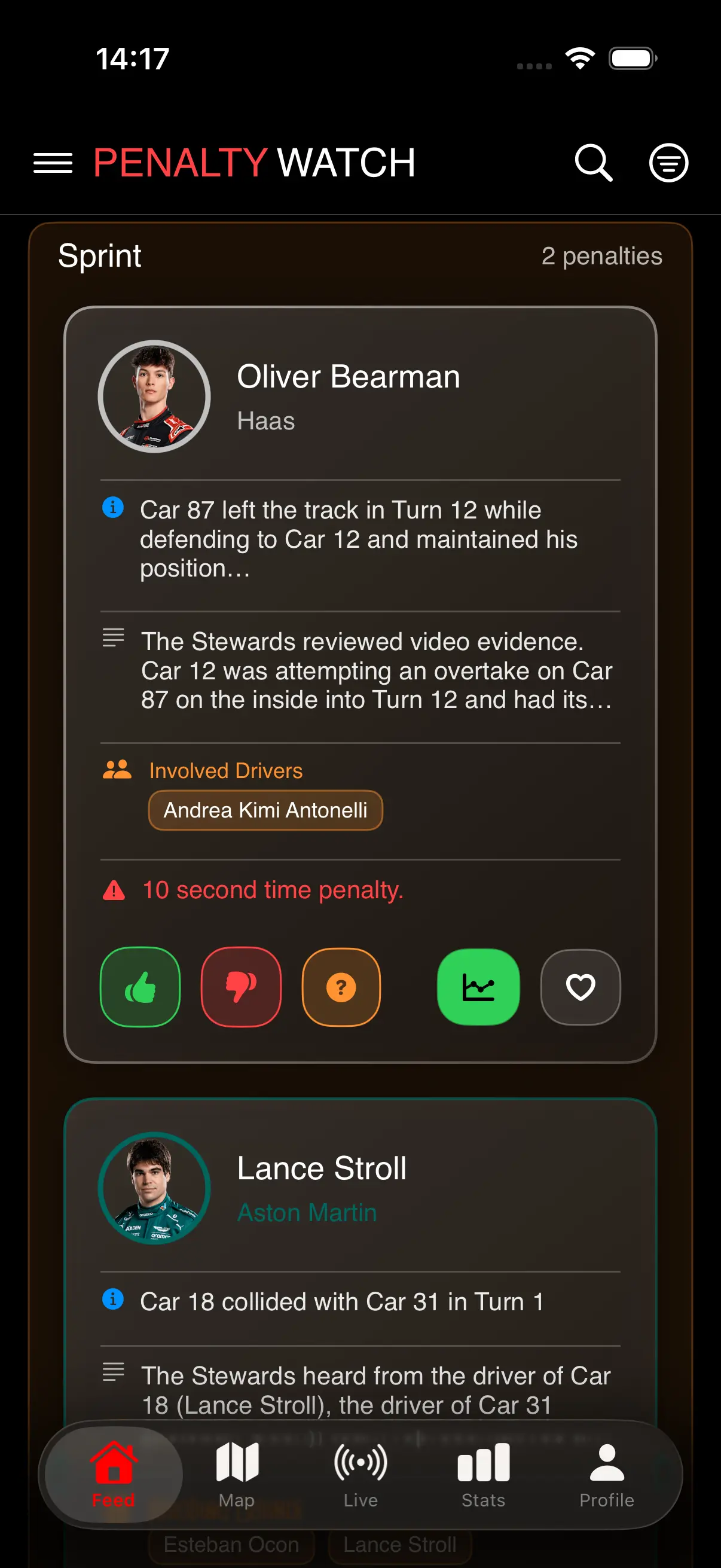 PenaltyWatch database search — Formula 1 steward decisions